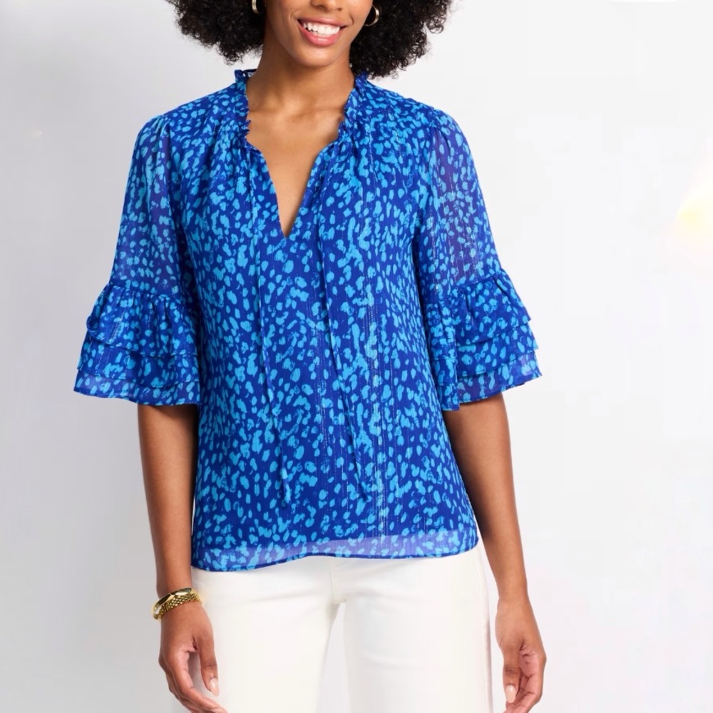 Sugarlips Silvana Tie Front Blouse Women’s Blue Short Sleeve V-Neck Top